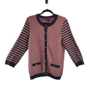 Tommy Hilfiger L 100% Cotton Knit Cardigan Sweater Nautical Stripe Red Navy Gold